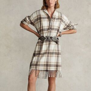 NWT Polo Ralph Lauren Plaid Fringe Cotton Tunic Dress Neutral Brown Check Size 8